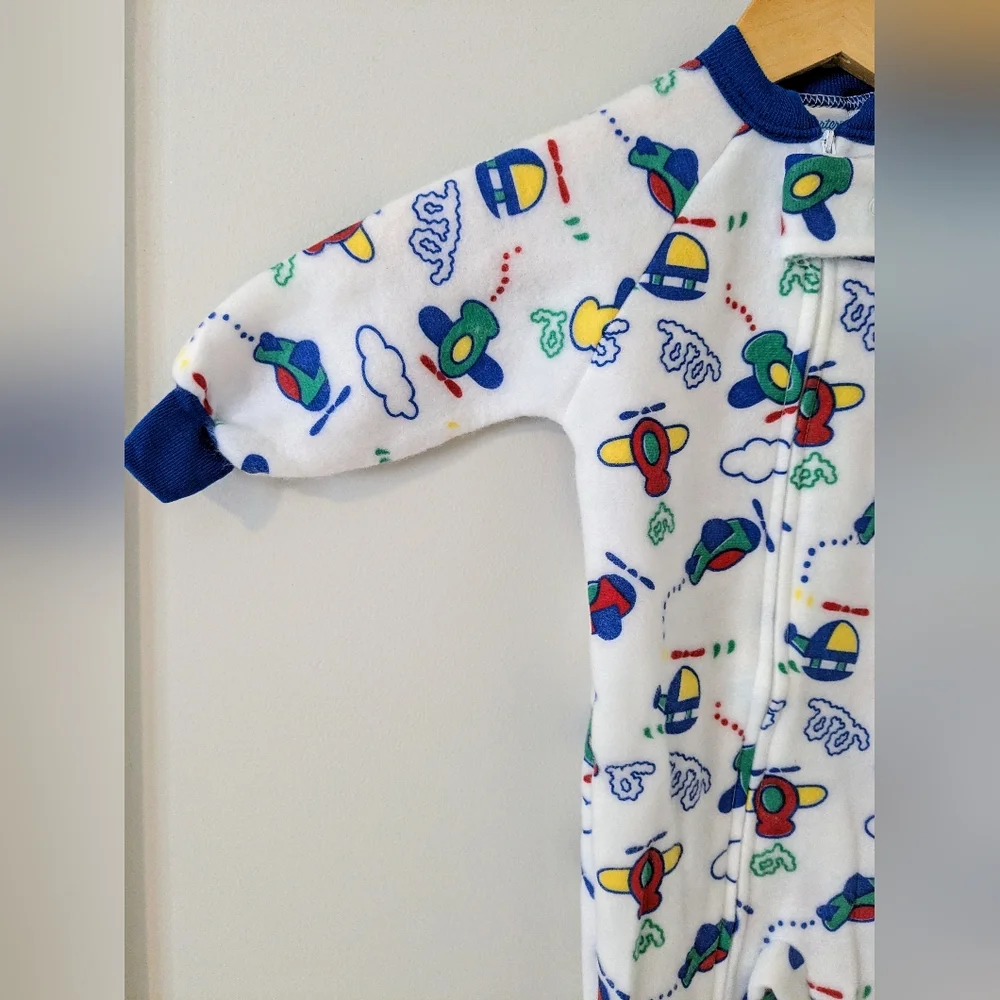 Vintage Carter's Airplane Cloud Helicopter Print 80s Fleece Pajamas Size 18M